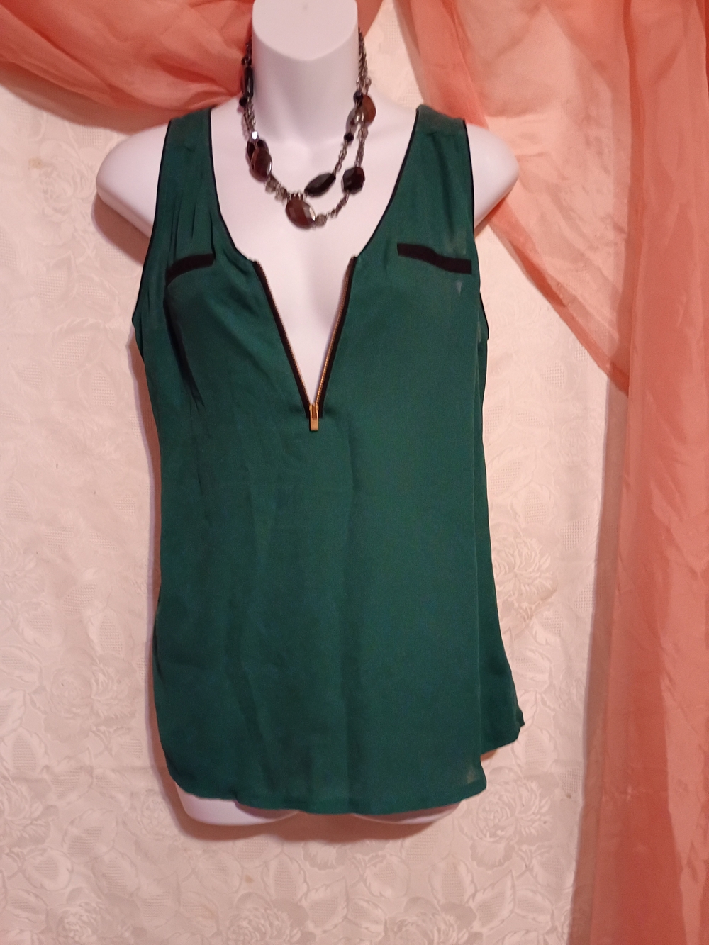 Express Ladies Emerald Green Sleeveless Zip-Front Blouse with Black Trim Sz Sm